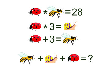 Math puzzle for kids. Logical game  with bugs for children, middle level, education game for kids, preschool worksheet activity,  Mathematical Addition Subtraction 