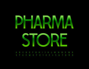 Vector Modern Emblem Pharma Store. Elegant Green Font. Stylish Alphabet Letters and Numbers
