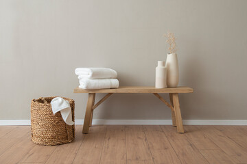 wooden bench, Key laundry basket, bath towel, designed wooden bench, designed seating area, stylish...