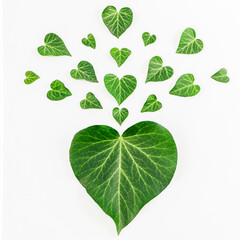 The heart-shaped green ivy  leaves in love formation on a white background