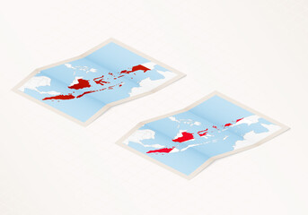 Two versions of a folded map of Indonesia with the flag of the country of Indonesia and with the red color highlighted.