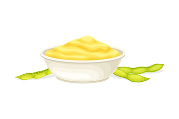 Mustard Yellow Paste or Sauce in Ceramic Bowl and Green Pod with Grain Vector Illustration