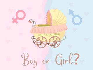 Gender reveal party invitation template. Boy or girl? Baby shower clipart. Blue and pink colors. Gender reveal. Vector illustration Isolated on white background