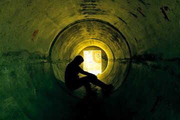 Man sitting in underground concrete tunnel