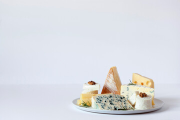 Different types of french cheese on a plate, copy space
