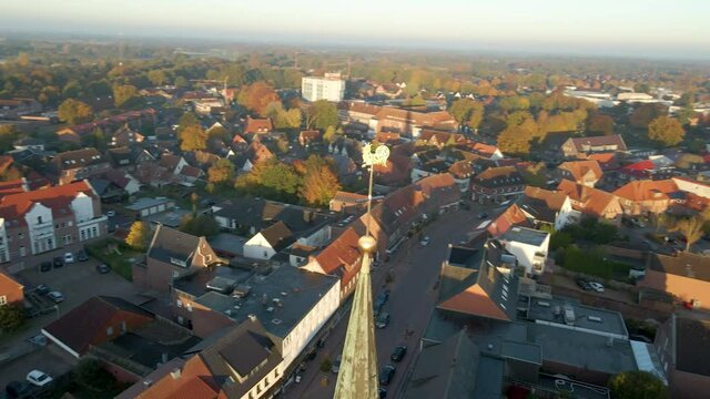 Aerial View On The Municipality Of Friesoythe During Sunrise In Cloppenburg, Lower Saxony, Germany - drone shot