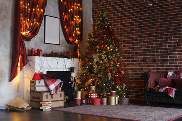 Christmas, New Year interior with red brick vintage wall background, decorated fir tree with garlands and curtain, sofa with plaid and fireplace