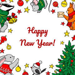 Colorful Merry Christmas and Happy New Year greeting card with cute animals and Christmas tree. Hand drawn vector illustration