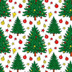 Colorful Merry Christmas and Happy New Year seamless pattern with Christmas trees. Hand drawn vector illustration