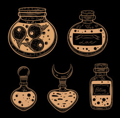Potion bottle set. Hand drawn magic bottles collection. Alchemy, spirituality, occultism, tattoo art magic symbol. Bohemian antique style esoteric symbol. Isolated cartoon jar with potion. Halloween.