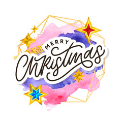 Merry Christmas text decorated with hand drawn lettering with gold stars. Greeting card design element. Vector typography.