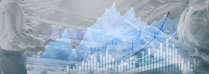 Financial graphs and analytics for investment solution. Double exposure