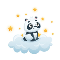 Cute Panda Character Sitting on Soft Cloud Watching Bright Star Vector Illustration