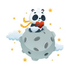 Cute Panda Character Flying on Asteroid and Holding Red Heart Vector Illustration