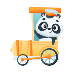 Cute Panda Character Driving Train and Waving Paw Vector Illustration