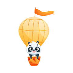 Cute Panda Character Flying on Hot Air Balloon Vector Illustration