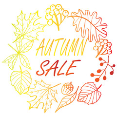 Vector signboard icon with information about autumn sale with autumn leaves and berries