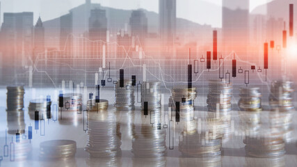 Coins city Forex. Financial graph on city scape background double exposure