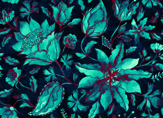 Paisley seamless hand painted water color floral pattern with beige flowers, flores, tulips. Grunge watercolor vintage oriental paisley print. Colorful whimsical dark navy blue background for design.
