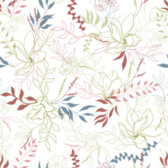 Light spring floral print on white background, seamless pattern with contour flowers for fabric dresses and home textiles