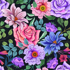 Elegant colorful seamless floral pattern on dark background.