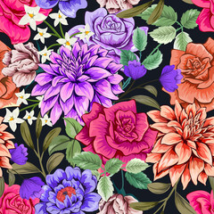 Elegant colorful seamless floral pattern on dark background.