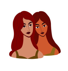 Two young girls (Armenian girl and Indian girl).  Valentine's day card. Wind flat illustration for print and web design.