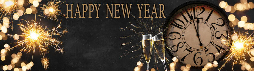 HAPPY NEW YEAR 2022 - Festive silvester New Year's Eve Party celebration background panorama banner - Golden fireworks, sparklers, clock and champagne classes toasting in the dark black night