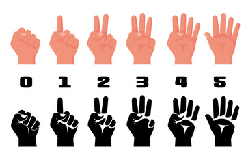 One, two, three, four, five fingers. 1 2 3 4 5 flat icon. Hand gestures and numbers with your fingers. Vector illustration. Isolated on white. Show numbers fingers. Set of colored and black icons.