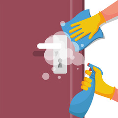 Close-up disinfection of door handles. Napkin in hand. Spraying disinfectant alcohol to handle of a door. Vector illustration flat design. Prevention concept. Controlling epidemic of coronavirus.