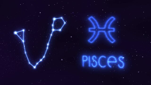 Horoscope, Pisces zodiac sign in a constellation of bright stars connected by luminous lines. Animation of a sign in the moving cosmic night sky. The symbol of the constellation and horoscope.