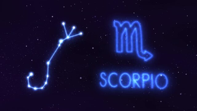 Horoscope, zodiac sign Scorpio in a constellation of bright stars connected by luminous lines. Animation of a sign in the moving cosmic night sky. The symbol of the constellation and horoscope.