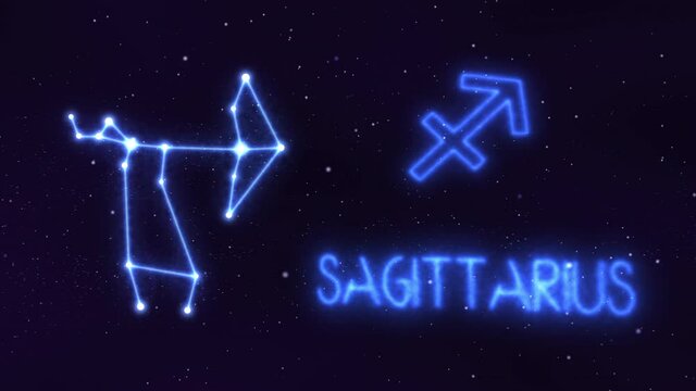 Horoscope, zodiac sign Sagittarius in a constellation of bright stars connected by luminous lines. Animation of a sign in the moving cosmic night sky. The symbol of the constellation and horoscope.