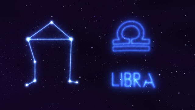 Horoscope, zodiac sign Libra is in a constellation of bright stars connected by luminous lines. Animation of a sign in the moving cosmic night sky. The symbol of the constellation and horoscope.