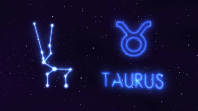 Horoscope, zodiac sign Taurus in a constellation of bright stars connected by luminous lines. Animation of a sign in the moving cosmic night sky. The symbol of the constellation and horoscope