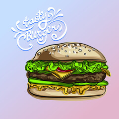 Hand drawn vector hamburger with cheese, lettuce, tomatoes and buns with sesame seeds. Junk food for children and adults. Fast food illustration
