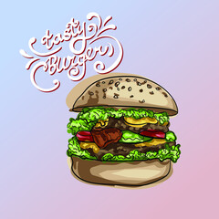 Hand drawn vector hamburger with cheese, lettuce, tomatoes and buns with sesame seeds. Junk food for children and adults. Fast food illustration