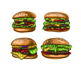 Set of Hand drawn vector hamburgers with cheese, lettuce, tomatoes and buns with sesame seeds. Junk food for children and adults. Fast food illustration