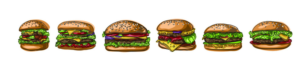 Set of Hand drawn vector hamburgers with cheese, lettuce, tomatoes and buns with sesame seeds. Junk food for children and adults. Fast food illustration