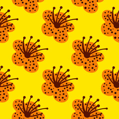 Seamless pattern spring plants on bright yellow background. Vector floral template in doodle style with flowers.