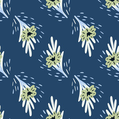 Seamless pattern with bouquets of small flowers on blue background. Vector floral template in doodle style. Gentle summer botanical texture.