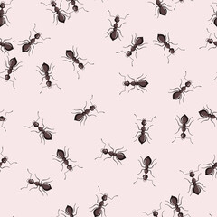 Seamless pattern colony ants on pink background. Vector insects template in flat style for any purpose. Modern animals texture.
