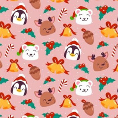 Fototapeta na wymiar Christmas seamless patterns set with gingerbread, Christmas traditional pinguins, deers , polar bears, bells and nuts, seasonal winter design