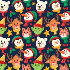 Christmas seamless patterns set with gingerbread, Christmas traditional snowmans,polar bears,cats, seasonal winter design