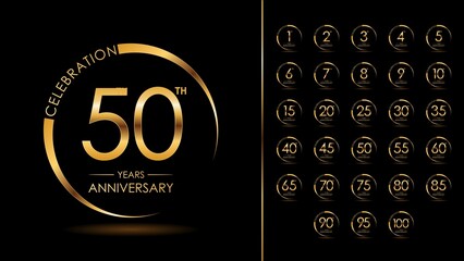 Set of birthday logotype and gold ring. Gold birthday celebration emblem design for booklet, leaflet, magazine, brochure poster, web, invitation or greeting card. Vector illustration. EPS 10