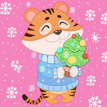 Winter animals. Merry Christmas greeting cards, posters with cute cat.Draw banner happy cat for Christmas and new year.Chinise symbol tiger 2022