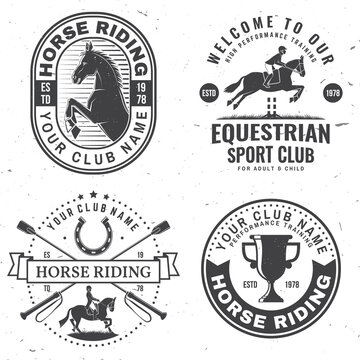 Set of Horse racing sport club badges, patches, emblem, logo. Vector illustration. Vintage monochrome equestrian label with rider and horse silhouettes. Horseback riding sport. Concept for shirt or