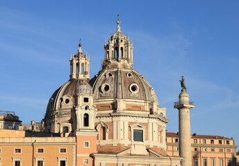 Santa Maria di Loreto Church Exterior View with Trajan Column, in Rome, Italy