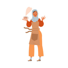 Arab woman waiter holding cup of coffee and showing ok sign gesture vector illustration