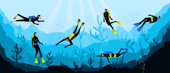 Deurstickers Scuba divers swimming with aqualungs underwater of blue sea, ocean explore bottom with sea grass, coral reef in background, sunbeams light through cover of water. Flat vector illustration © GN.STUDIO